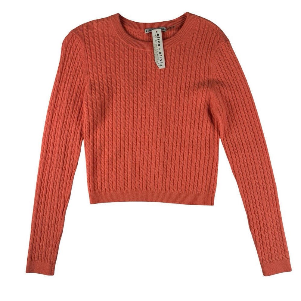 Alice + Olivia Ciara Crop Cashmere Cable Knit Sweater Coral Orange Size L